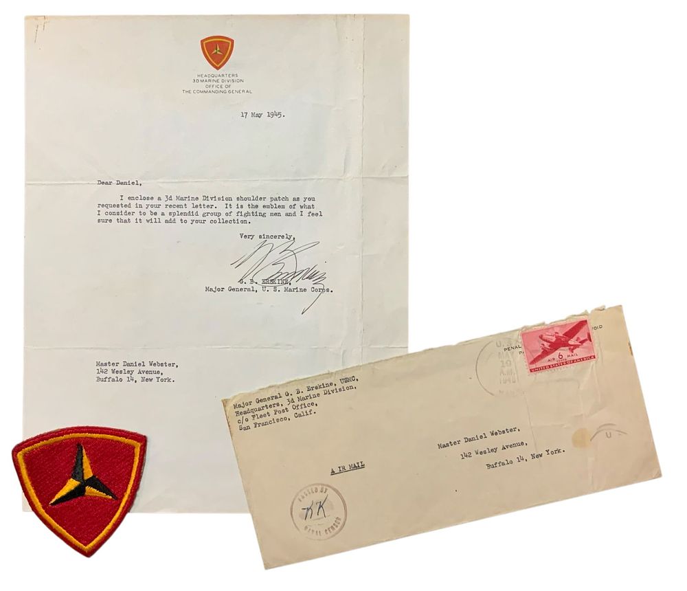 Lot 248: WWII 1945 USMC Marine Corps 3rd Marine Division Signed Letter & Patch MG Erskine