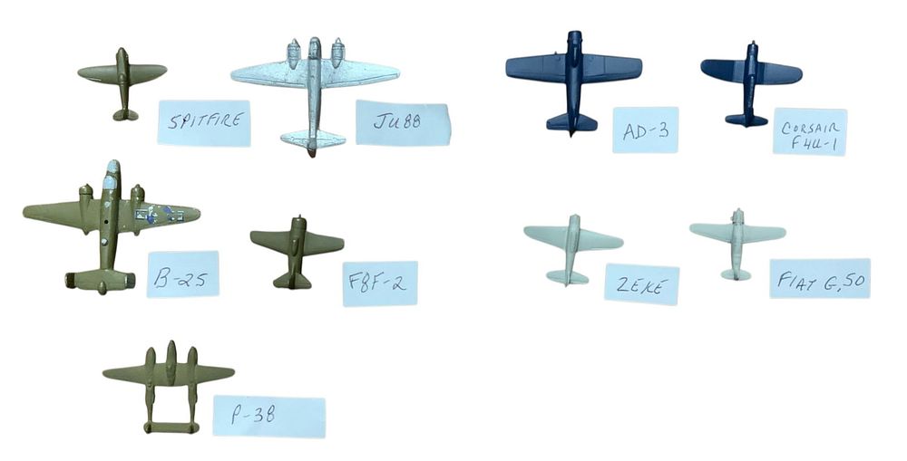 Lot 261: WWII METAL Aircraft Spotter Recognition Planes Zeke Fiat P-28 Spitfire Junkers B-25 Lot (9)