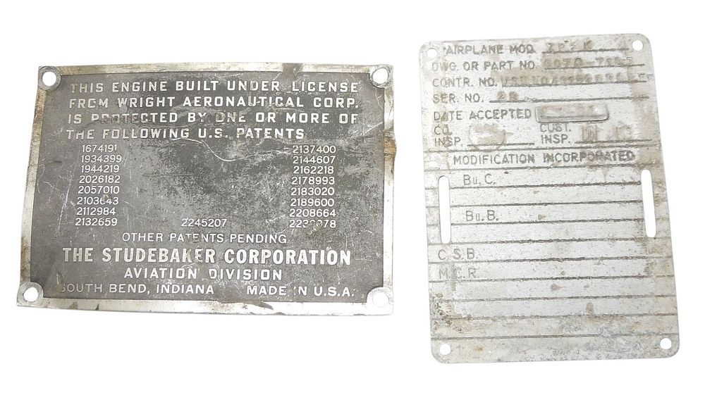 Lot 288: WWII US Military Navy Studebaker Aircraft Data Plates