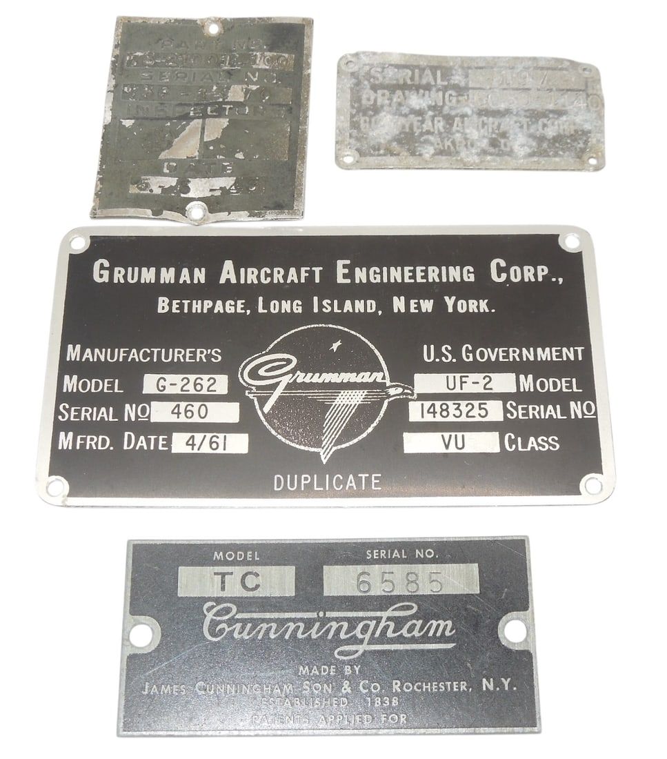 Lot 289: WWII - Vietnam US Military Grumman Cunningham Aircraft Data Plates