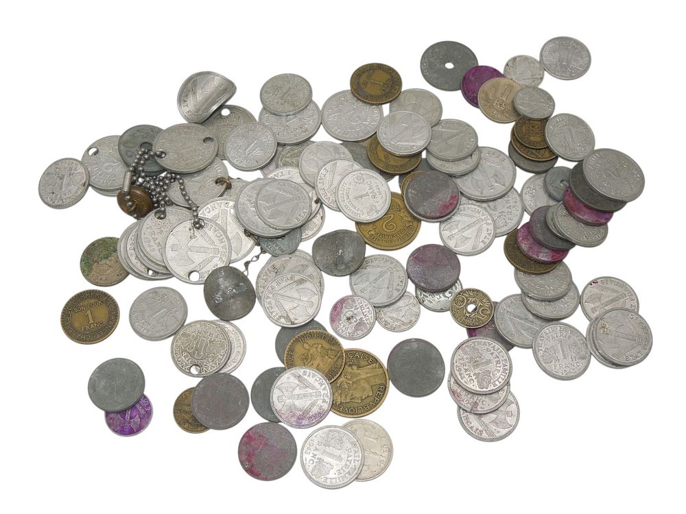 Lot 319: Lot WWII Coins & Currency of France & Belgium