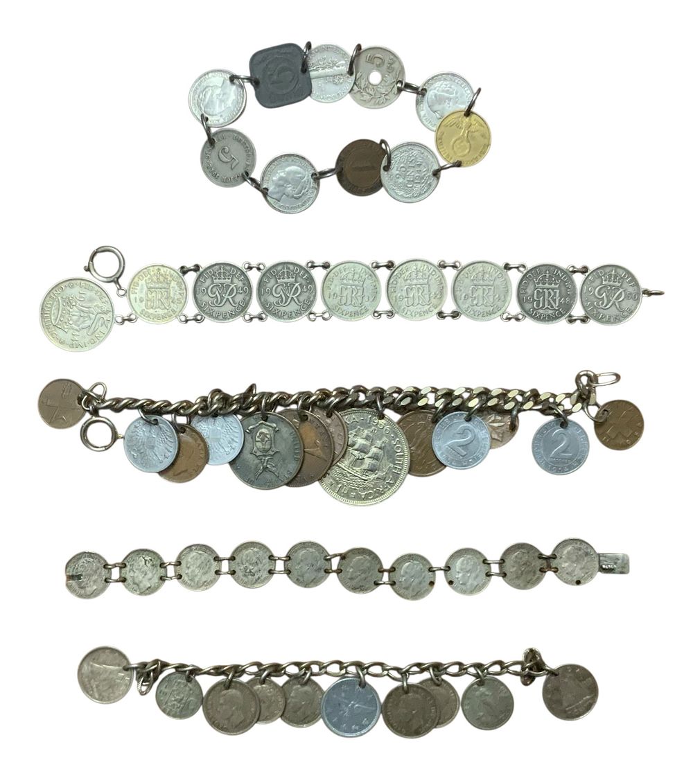 Lot 319A: 1930s-1950s Foreign Coin Bracelets Lot (5)