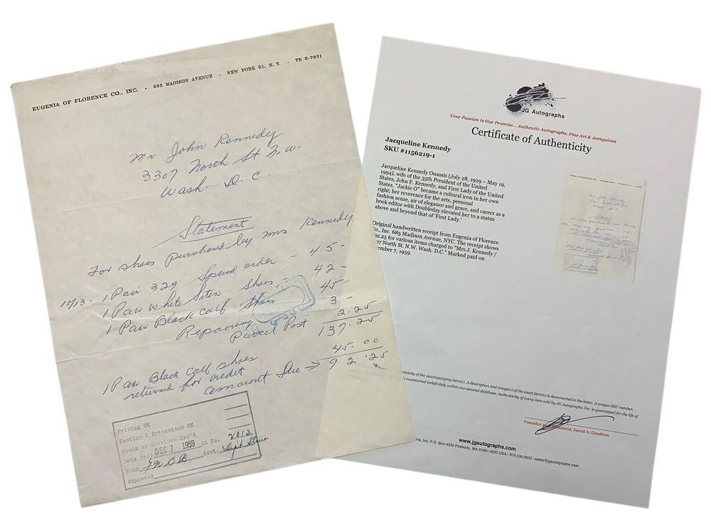 Lot 392: 1959 Jackie & President John Kennedy JFK original Handwritten Shoes Receipt COA