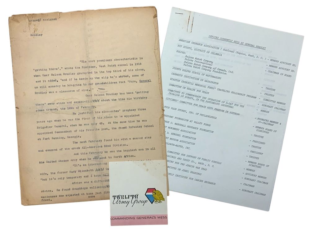 Lot 396: WWII 12th Army General Omar Bradley Mess Card, Transcript & Offices Held Lot (3)