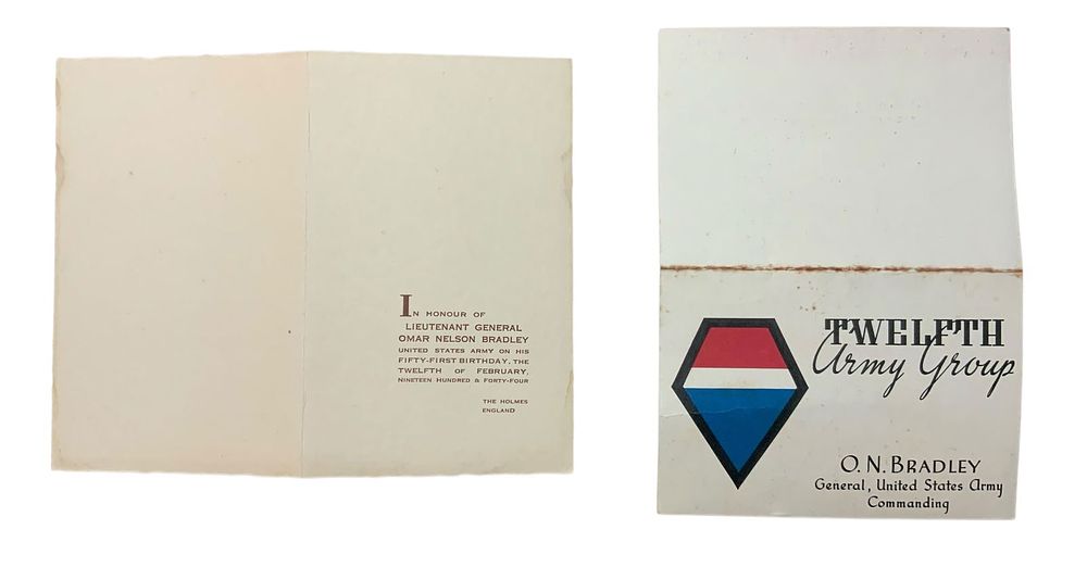 Lot 404: RARE WWII 1944 General Omar Bradley Birthday Menu & 12th Army Group Card