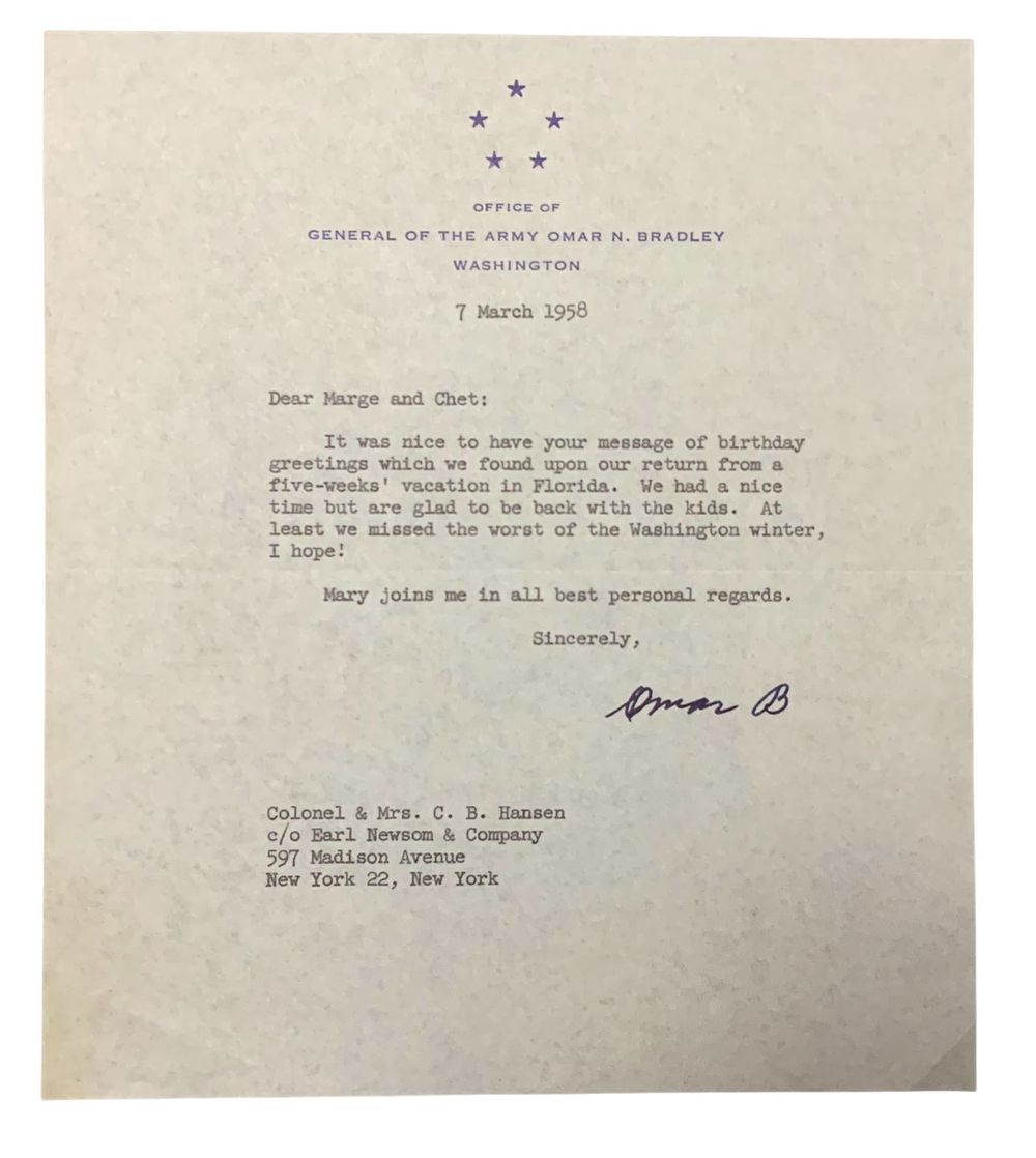Lot 407: 1958 Typed Signed Letter Army 5 Star General Omar Bradley