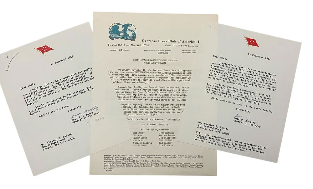 Lot 408: WWII General Omar Bradley 1967 Signed Letters TSL (2) to Aide Chester Hansen plus more