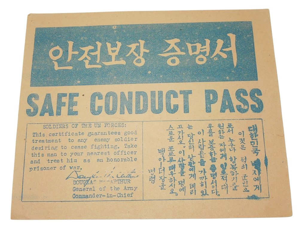 Lot 424: Korean War Gen. MacArthur US Military Surrender Leaflet Safe Conduct Pass #1