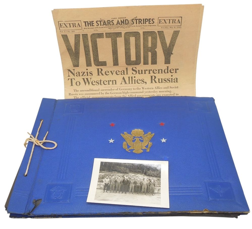 Lot 436: WWII US Army Ordnance Scrapbook Photo Album Money & Victory Newspaper