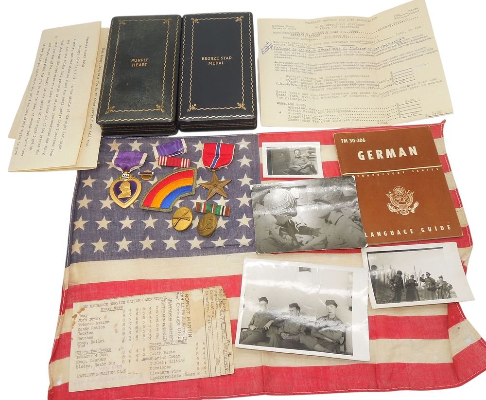 Lot 439: WWII US Army Purple Heart & Bronze Star Medal 42d Infantry Div. Flag Photo Group