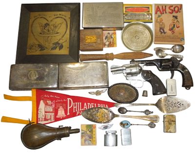 20th Century Antiques & Collectibles Lighters Spoons Tobacco Boxes Powder Horn. Lot as shown. 