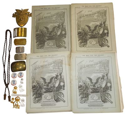 Civil War - WWII Magazines GAR Cap Cord Belt Buckles Pins Lot. Original as shown. Books are in 