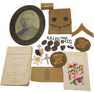 WWI US Military Photo Insignia Patch Book Ammo Pouch Lot. Original as shown. Condition: See 