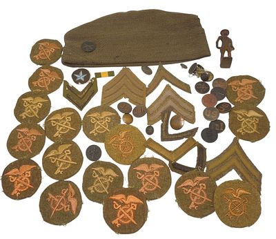 WWI US Army Garrison Cap Stripes Patches Buttons Collar Discs Lot. Original items as shown. Some 