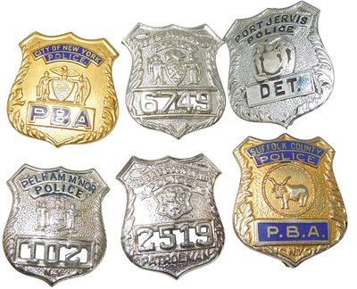 Lot (6) Mini New York City & State Police PBA Badges Pins. Original as shown. Condition: See 