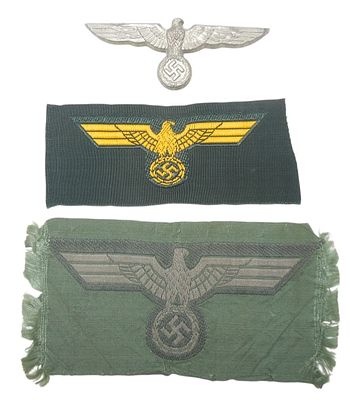 WWII German Military Lot Breast Eagle Uniform Patches & Cap Badge. Original as shown. Condition: 