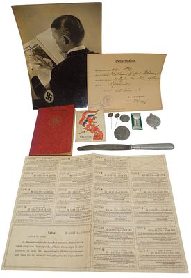 Lot WWII German Military Documents Pins Photo Book Knife RAD. Original as shown. Condition: See 