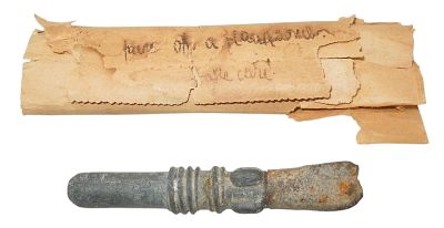 WWII Captured Piece of German Army Grenade. Original as shown. With paper. Condition: See 