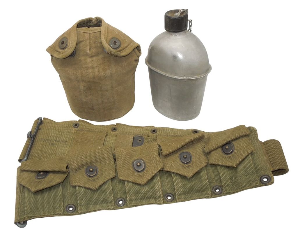 Lot 153: 1945 WWII US Military Canteen, Cover, Cup & M-1 Ammo Belt