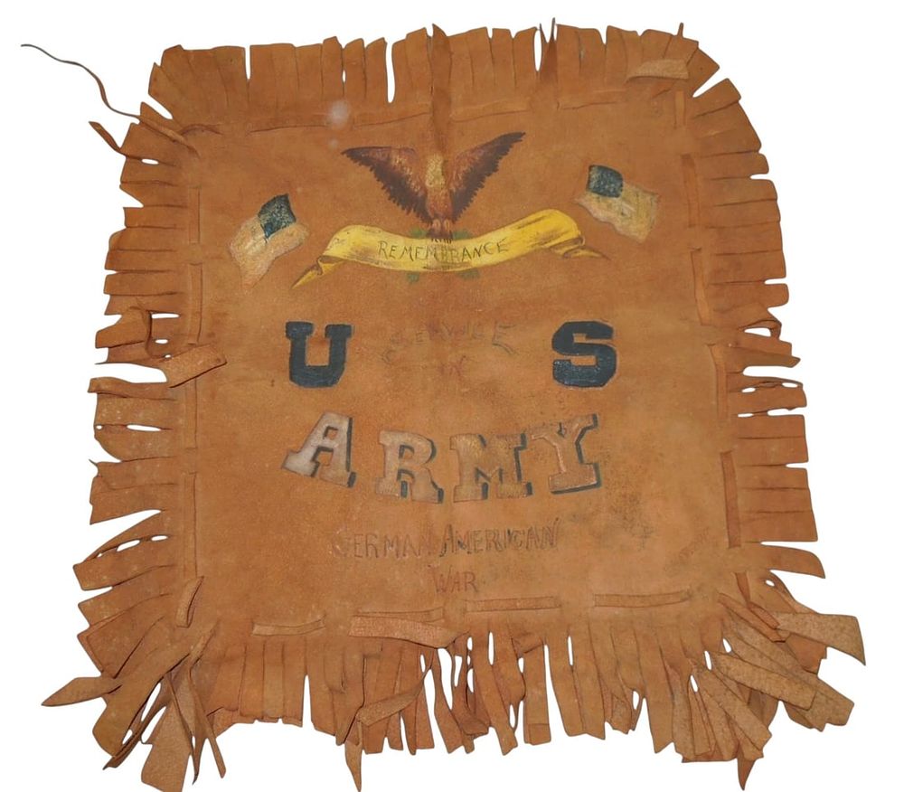 Lot 180: Painted US Army WWI LEATHER German American War Sweetheart Pillow Cover