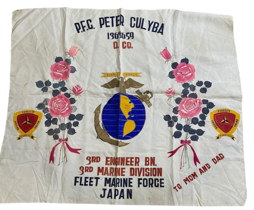 Lot 183: 1950s Japan Hand Painted USMC 3rd Marine Division Engineer Souvenir Flag