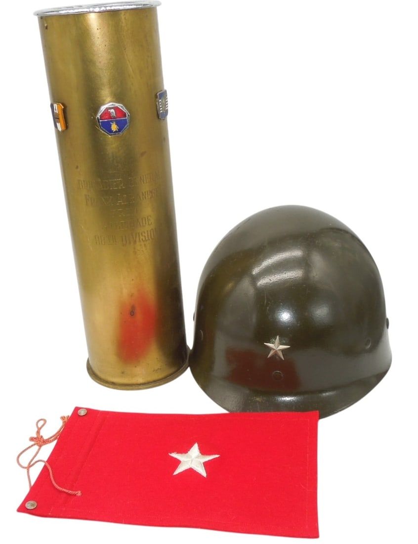 Lot 194: WWII - 60s Named US Army Brigadier General 105MM Shell Helmet Liner Flag