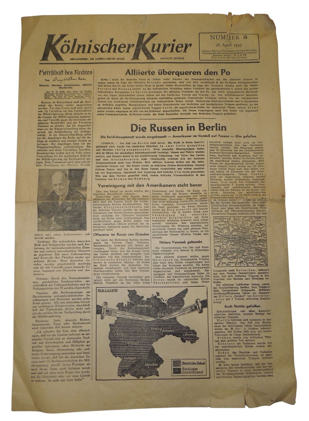 Lot 206: April 1945 WWII Anti German Propaganda Newspaper Cologne Courier Eisenhower