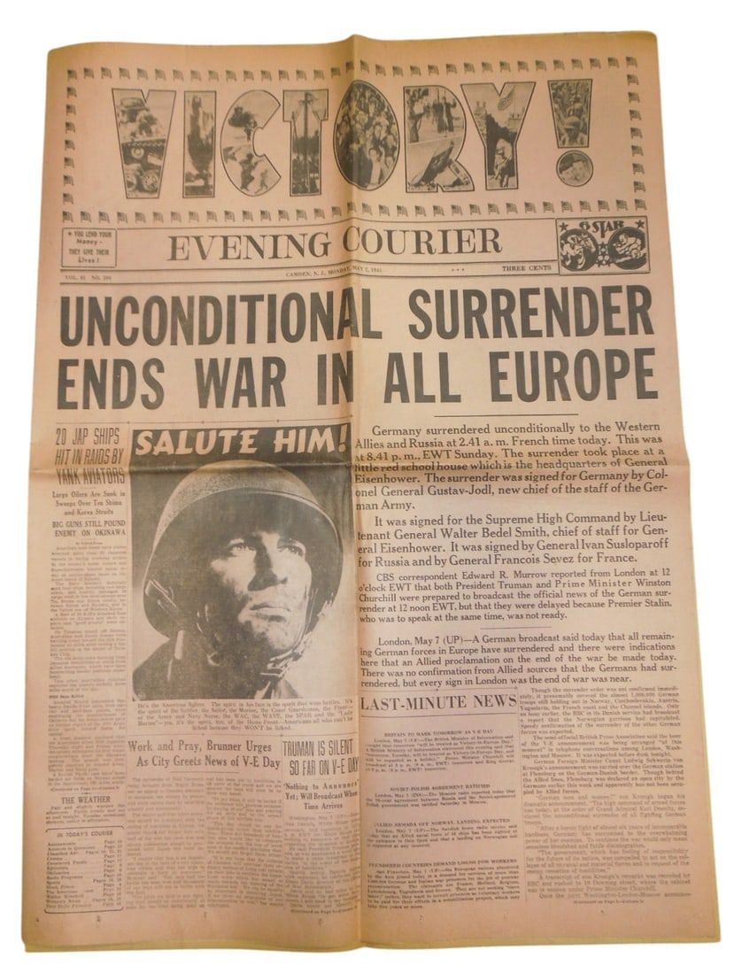 Lot 210: WWII May 7, 1945 Victory in Europe New Jersey Newspaper