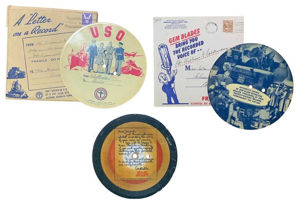 Lot 225: WWII Era Named Soldier Voice Letters on Record USO, Pepsi Cola, & Gem Blades