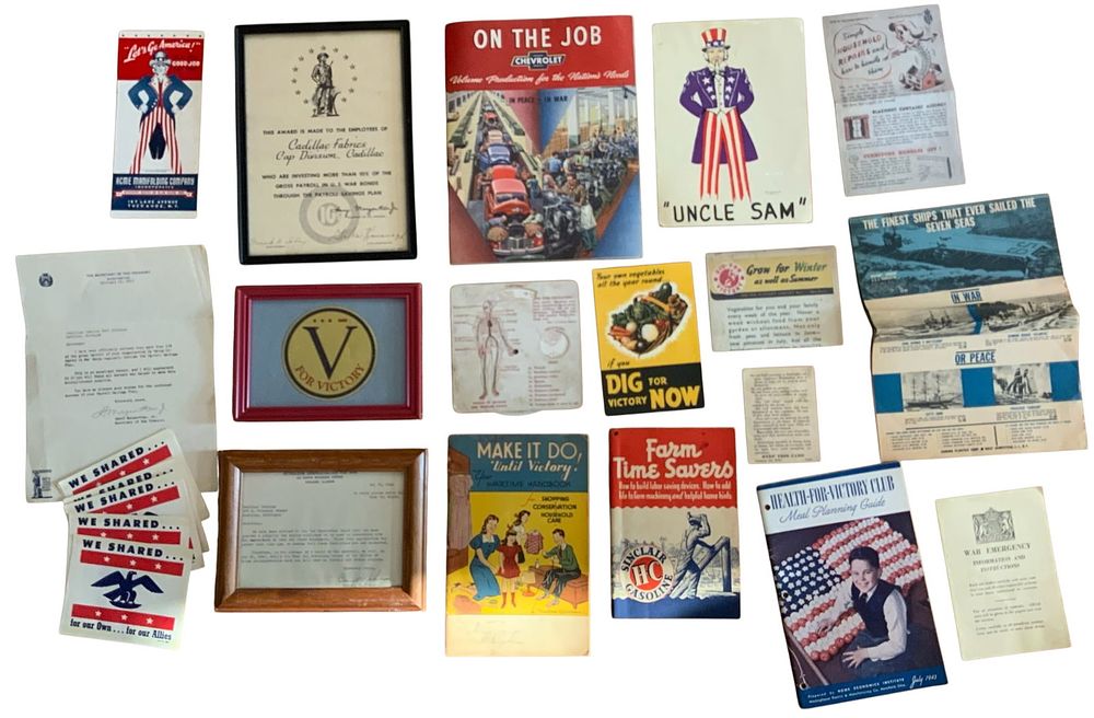 Lot 227: WWII Home Front Lot Cadillac Chevrolet Uncle Sam Farm War Emergency Mini Posters plus