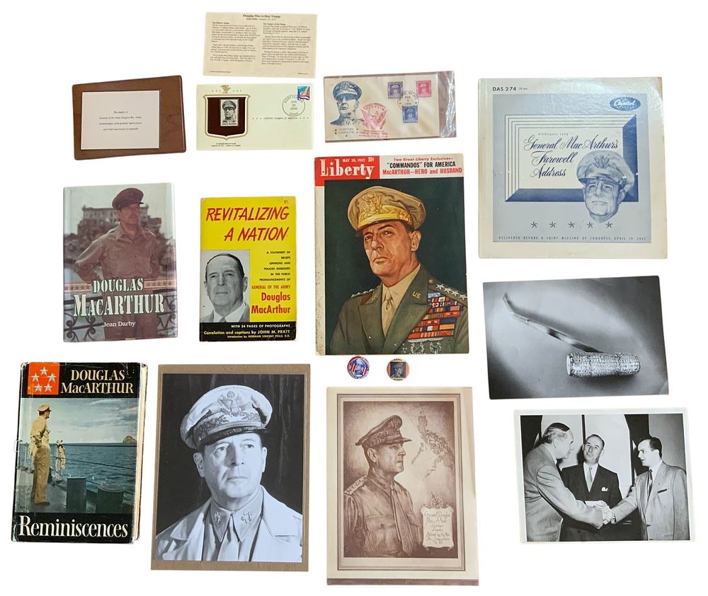 Lot 228: Douglas MacArthur Large Lot Books, Pins, Record, Sympathy Card, FDC, Stamp plus more