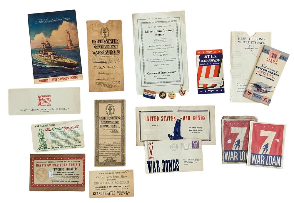 Lot 231: WWI - WWII Era Home Front Saving Bonds Liberty Loans, Pins & Ephemera Lot