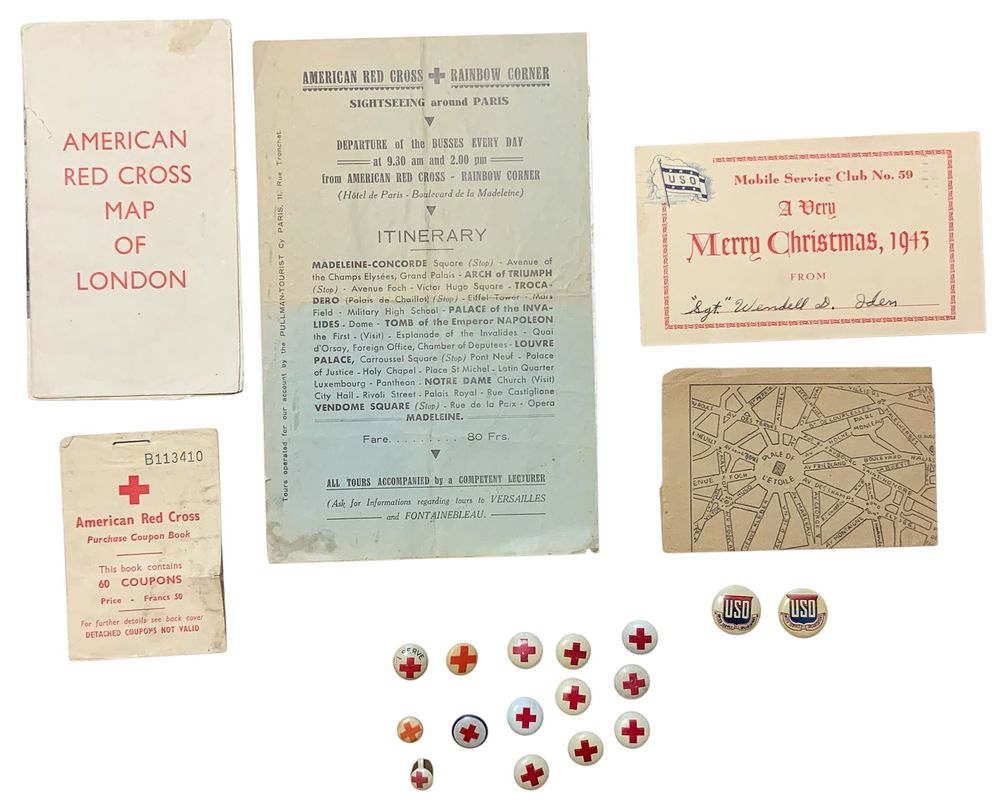 Lot 236: WWI / WWII Era USO & American Red Cross Pins, Coupon Book, Maps Lot