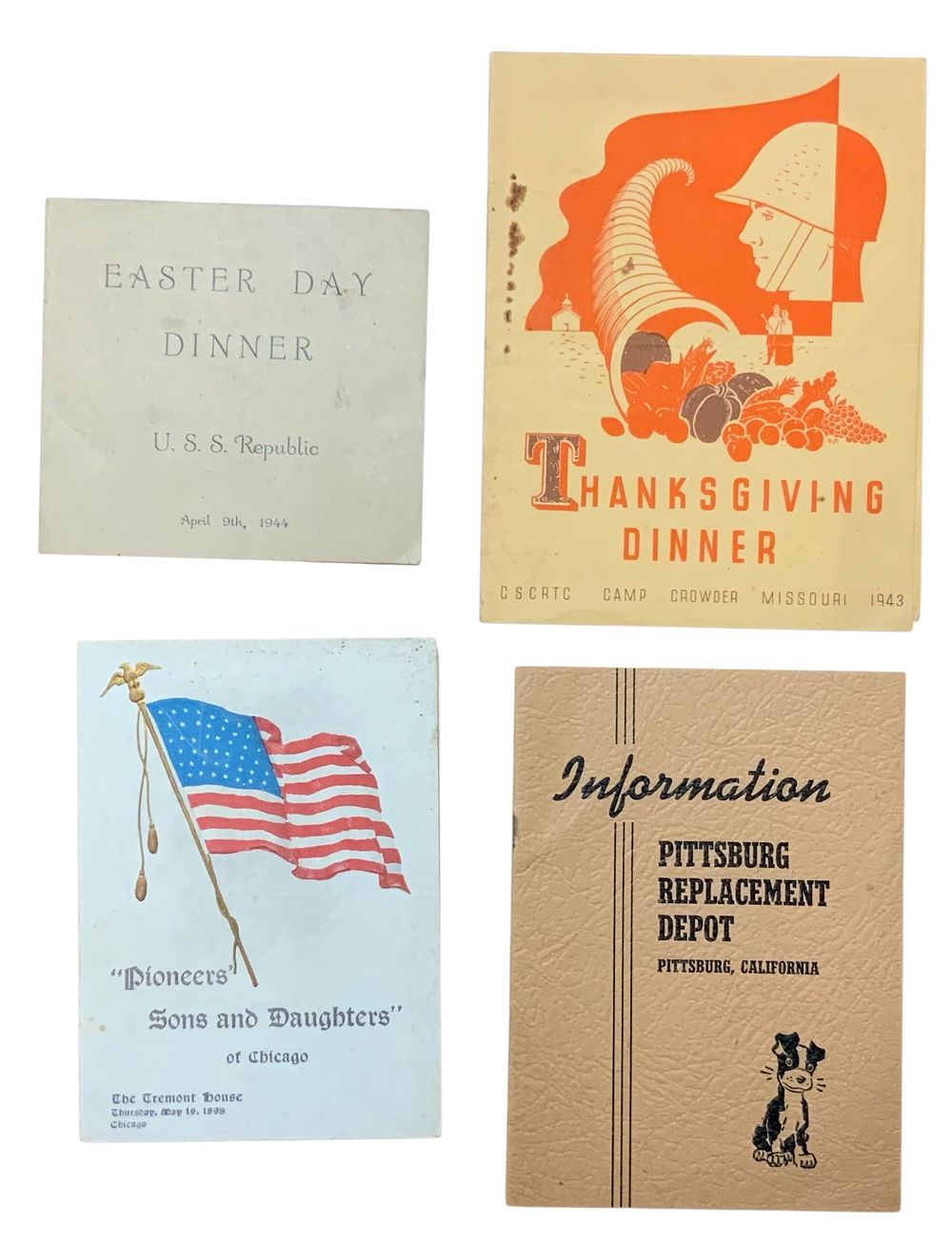 Lot 237: WWII Army Camp Crowder, Navy USS Republic Menus, Camp Stoneman Information Booklet lot