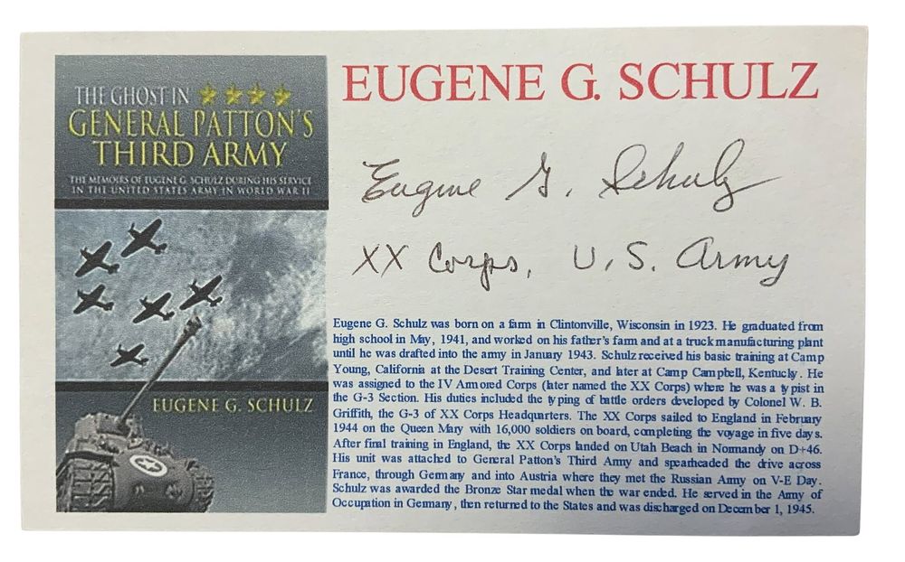 Lot 240: WWII US Army XX Corps Eugene Schultz Signed Card Soldier & Author