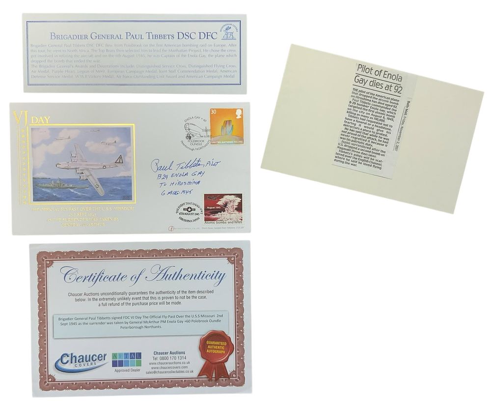Lot 244: WWII Enola Gay Pilot Paul Tibbets Signed First Day Cover (FDC) V-J Day