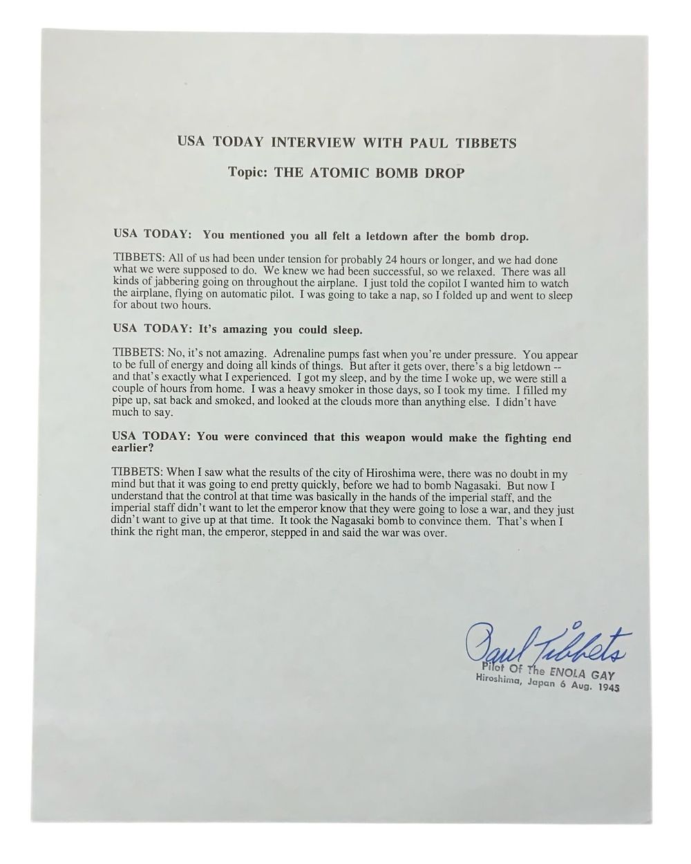 Lot 245: WWII Enola Gay Pilot Paul Tibbets Signed Interview Hiroshima Atomic Bomb