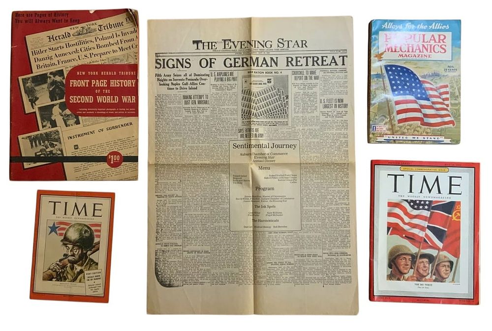 Lot 253: WWII Era Magazines Time, Popular Mechanics, Evening Star Newspaper, New York Herald Tribune