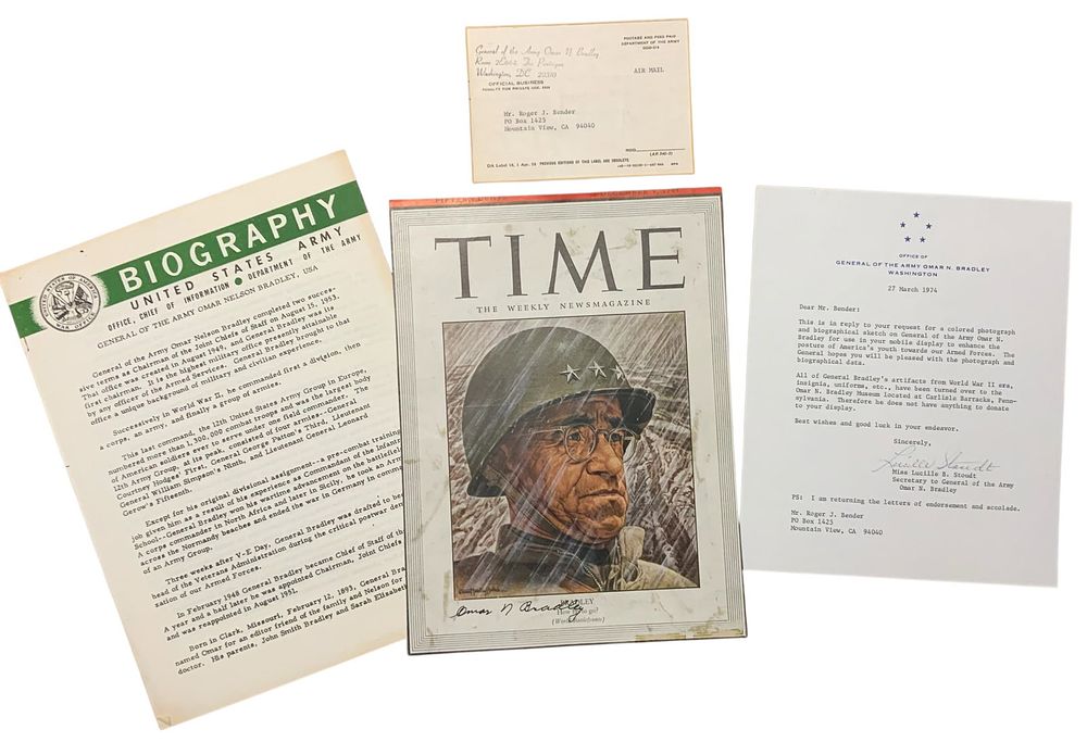 Lot 262: 1944 Time Magazine Cover Army General Omar Bradley Signed Photo / Letter Lot
