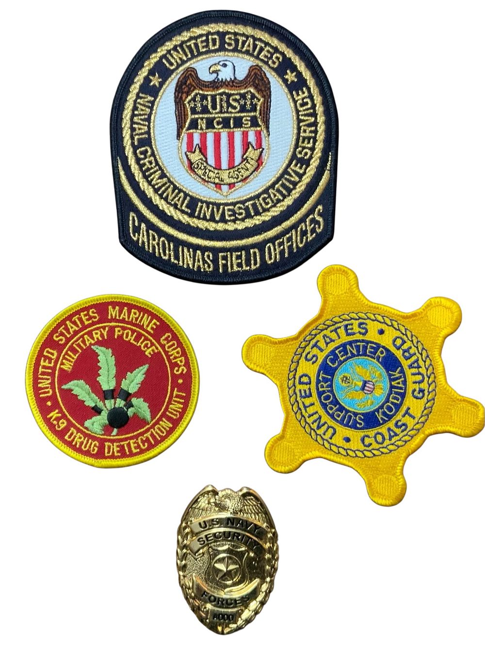 Lot 272: Navy Security Forces Badge & Coast Guard / Marine Corps / Criminal Investigative Patches Lot
