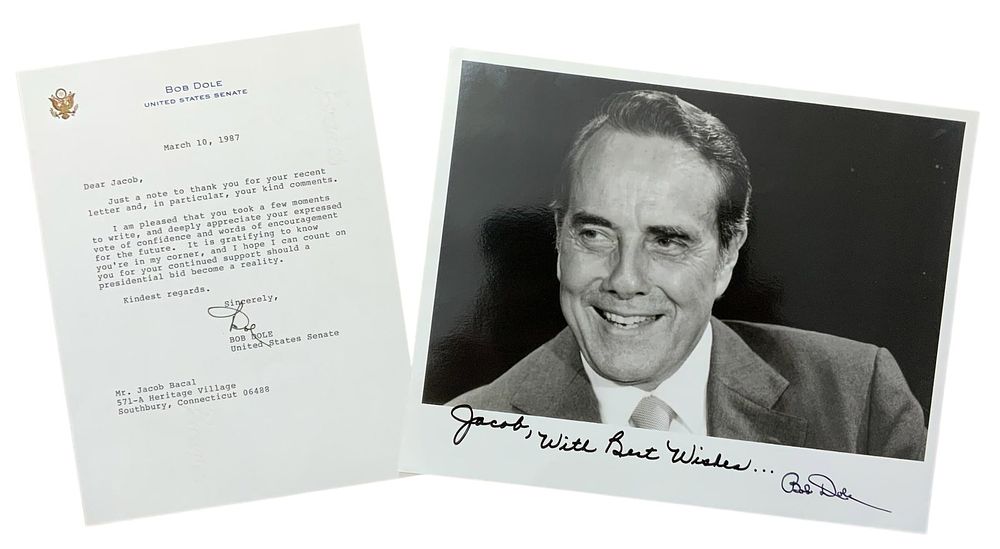 Lot 276: 1987 US Senate Kansas Senator Bob Dole Signed Photo & Letter
