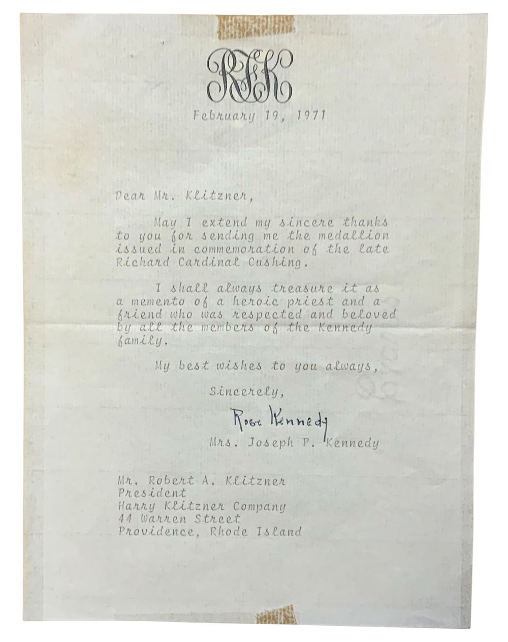 Lot 281: 1971 Rose Kennedy Signed Letter John F., Robert F. & Ted Kennedy’s Mother