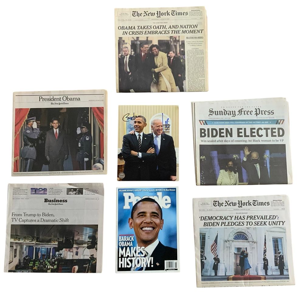 Lot 283: Presidents Barack Obama / Joe Biden Signed Photo & Newspapers / Magazine Lot