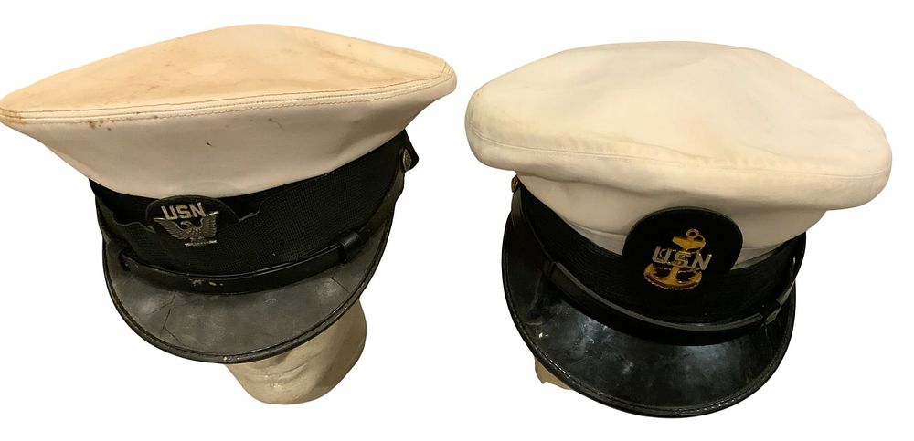 Lot 291: USN Navy Enlisted & NAMED Chief Petty Officer (CPO) White Dress Caps Visors LOT (2)