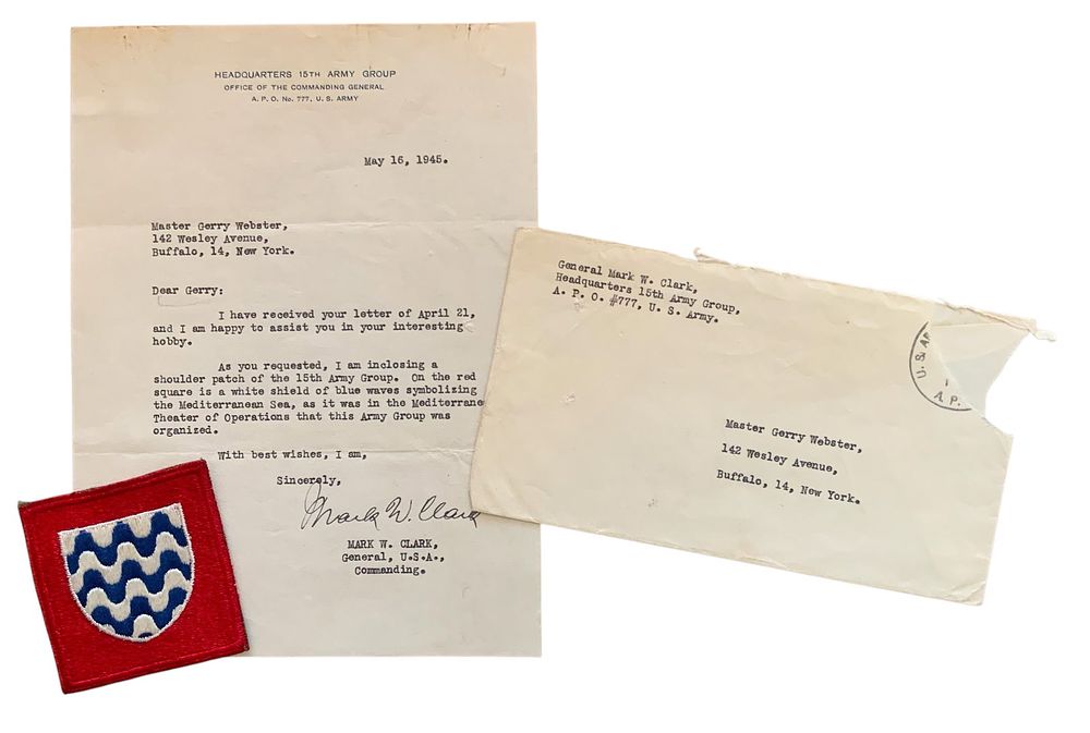 Lot 307: WWII 1945 15th Army Group General Mark Clark Signed Letter & Patch