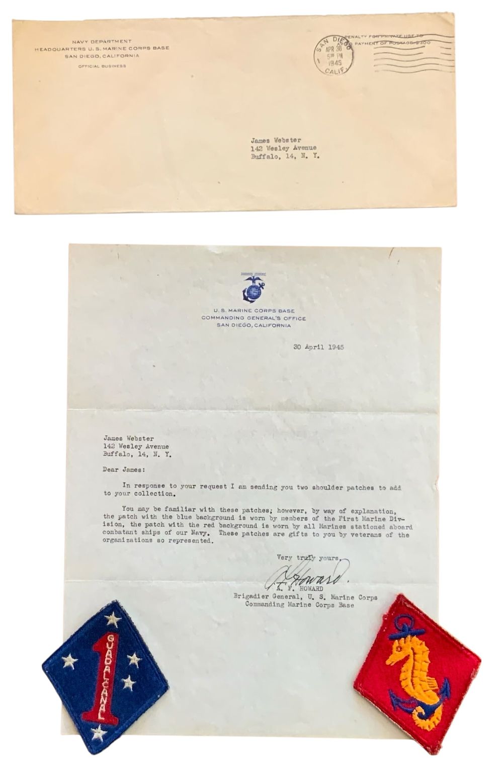 Lot 308: WWII 1945 1st Marine Division Corps BG Howard Signed Letter & (2) Patches