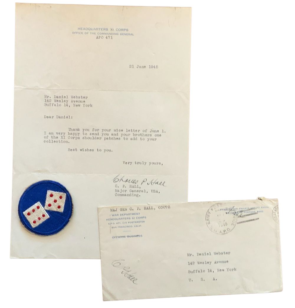 Lot 309: WWII 1945 Army XI Corps MG Hall Signed Letter, Censored Envelope & Patch