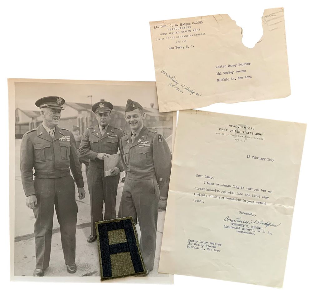 Lot 310: WWII 1945 1st Army LTG Courtney Hodges Signed Letter, Censored Envelope & Patch