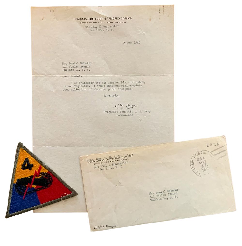 Lot 311: WWII 1945 4th Armored Division BG Hoge Signed Letter Censored Envelope & Patch