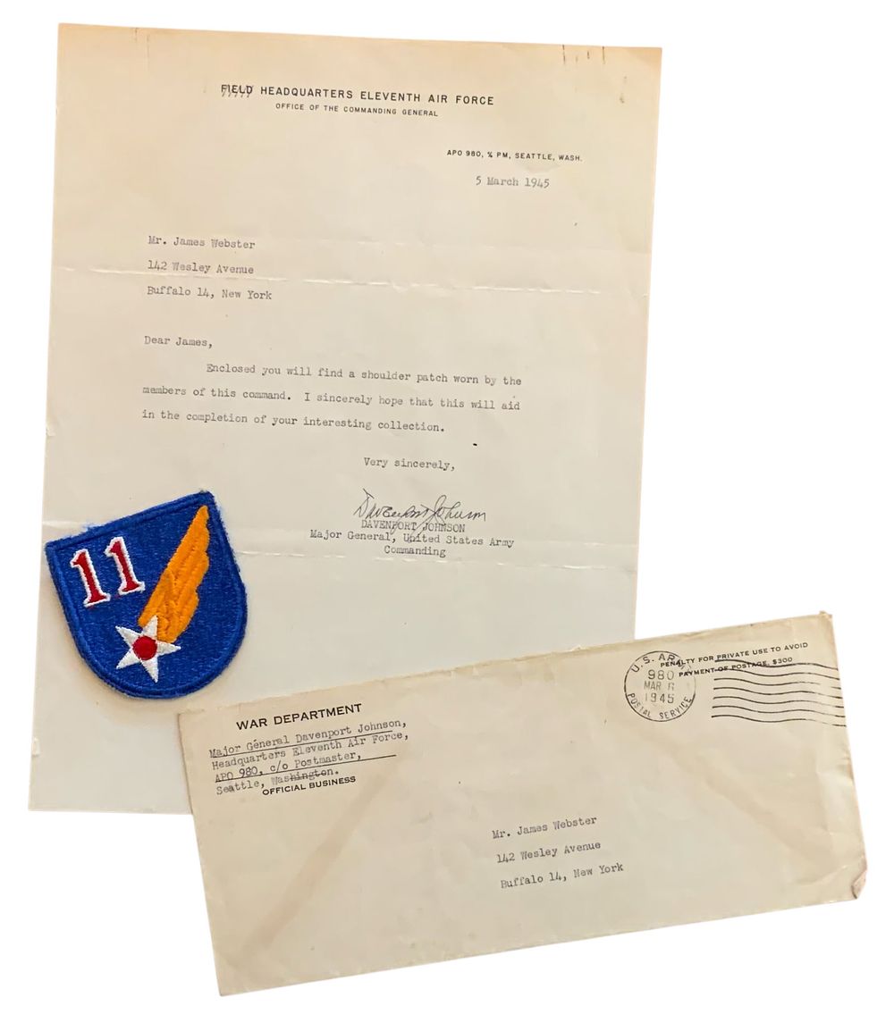 Lot 312: WWII 1945 11th Air Force MG Johnson Signed Letter & Patch